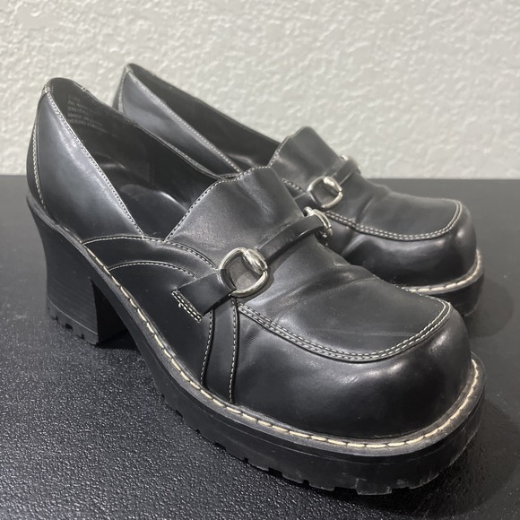 No Boundaries Shoes - Vtg Y2K Black Platform‎ Chunky Heel Loafers Faux Leather Loafer 90s Sz 10.5 Lug